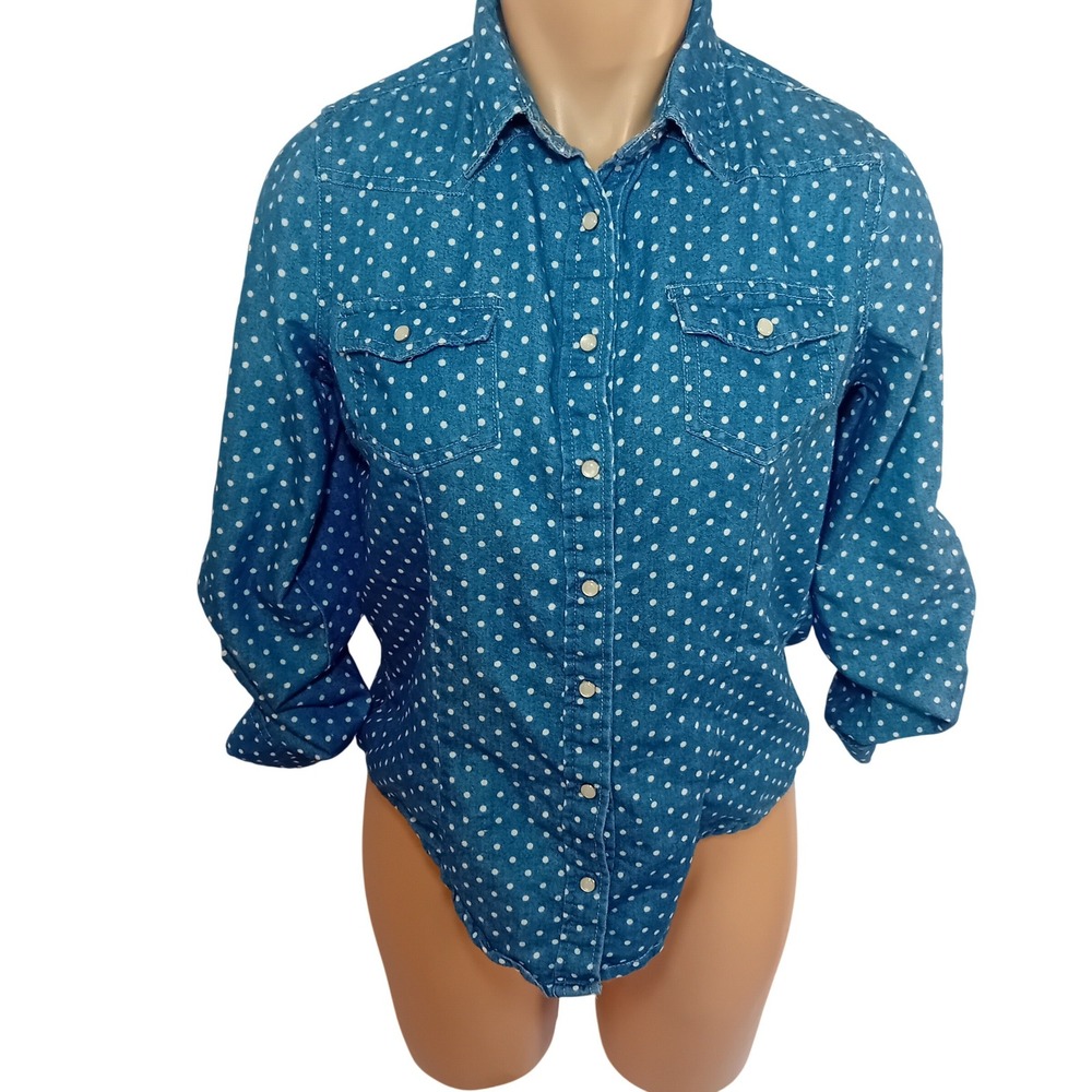 NWOT Juniors Wallflower Chambray Polka Dot Denim Button Down Shirt Twee Modest S